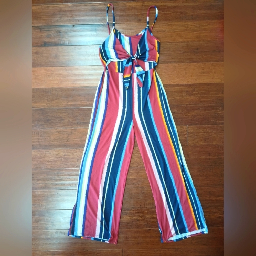 lavender field of anthropology Striped jumpsuit elastic wide legs size M Straps